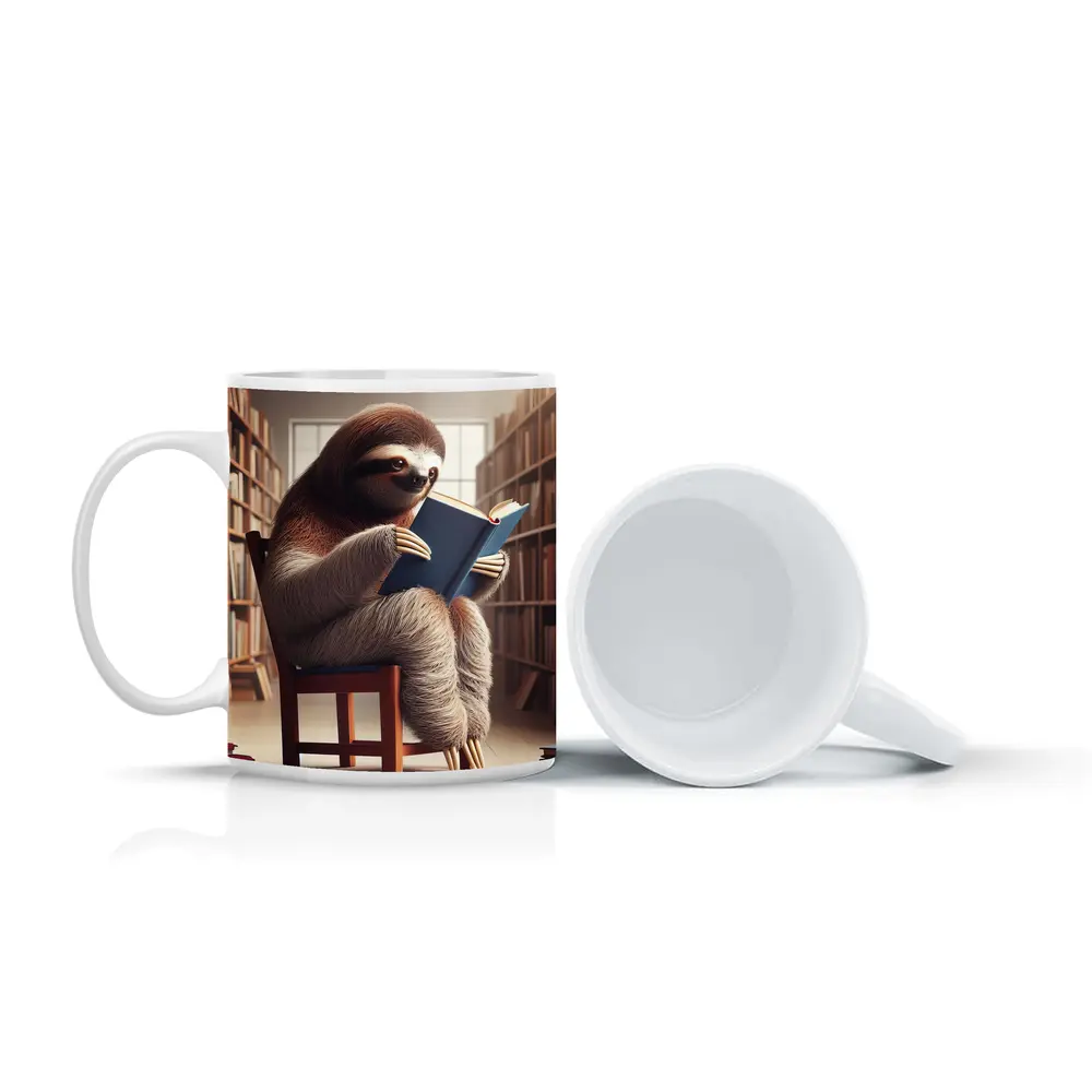 Sloth Reading Book In Library – Mugs