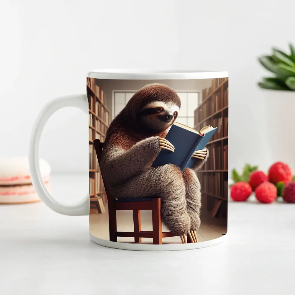 Sloth Reading Book In Library – Mugs