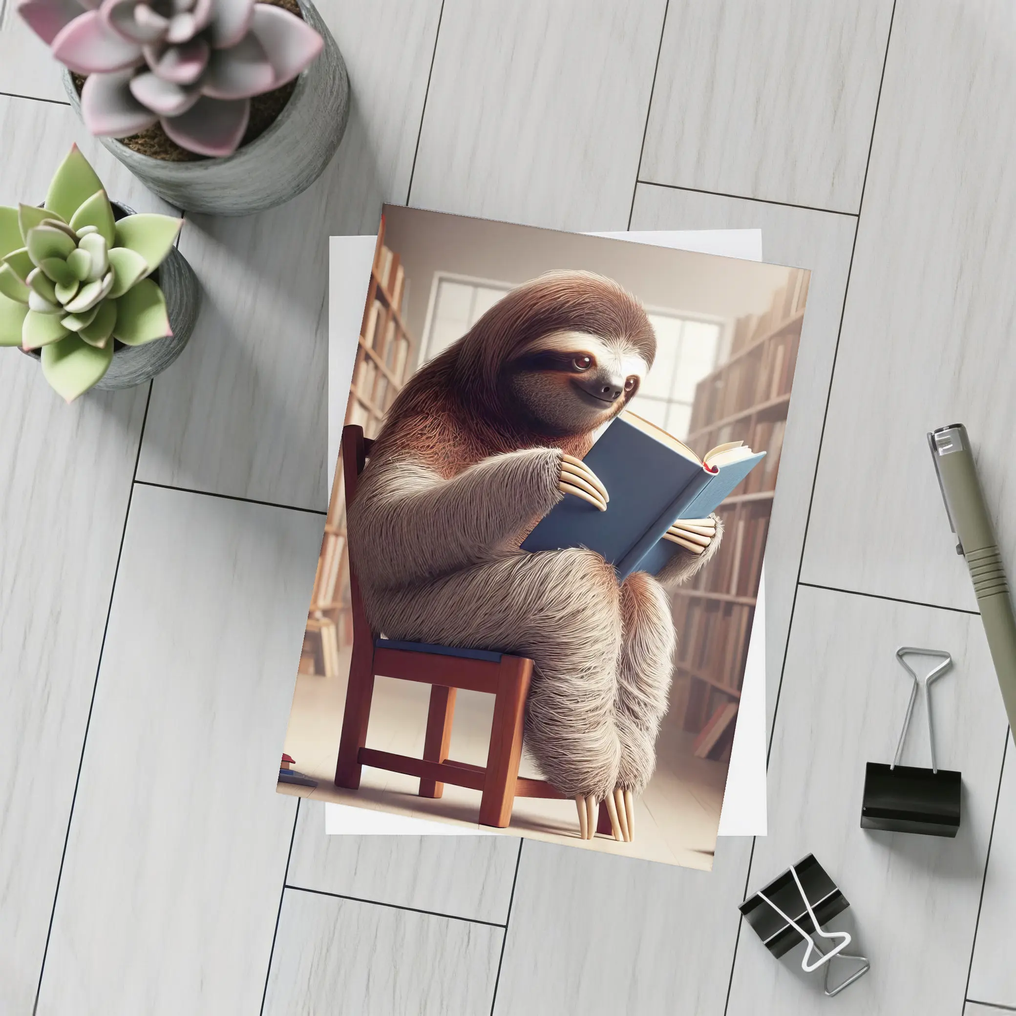 Sloth Reading Book In Library – Postcards