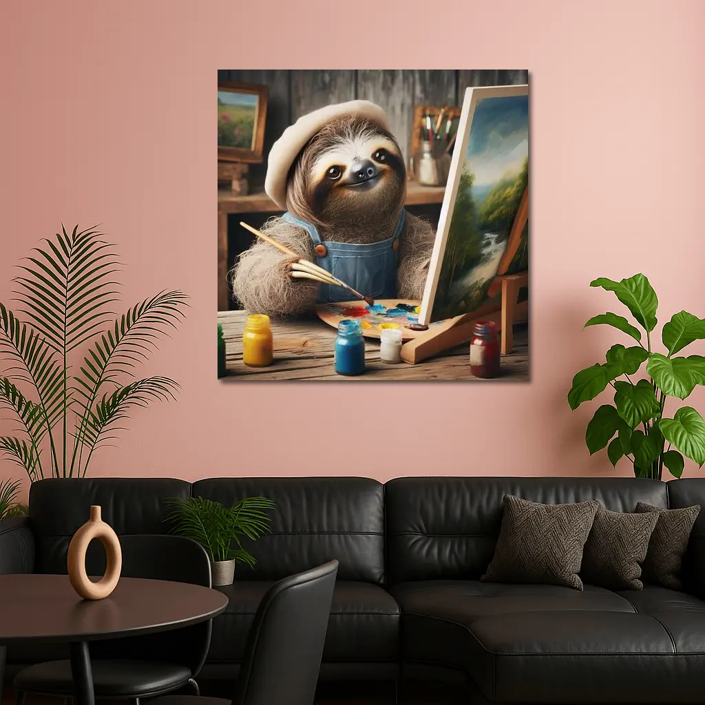 Sloth Artist Painting on Canvas Rustic Studio – Wall Art