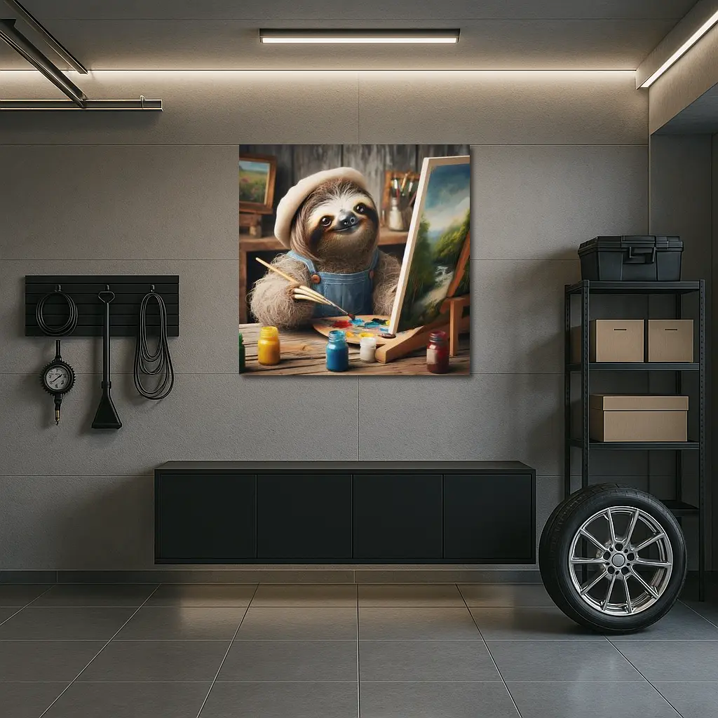Sloth Artist Painting on Canvas Rustic Studio – Wall Art