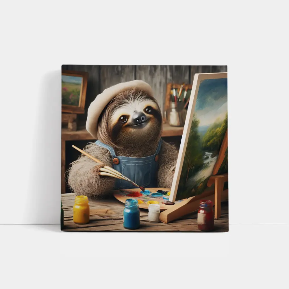 Sloth Artist Painting on Canvas Rustic Studio – Wall Art