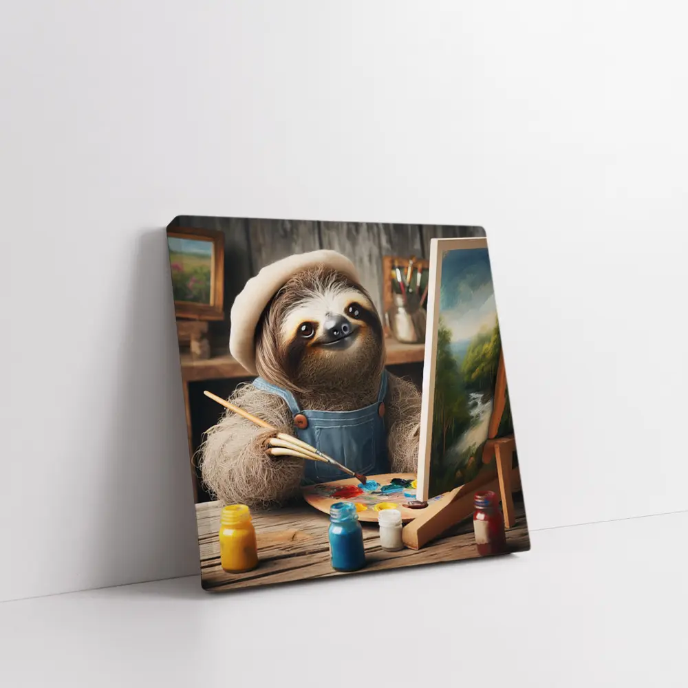 Sloth Artist Painting on Canvas Rustic Studio – Wall Art