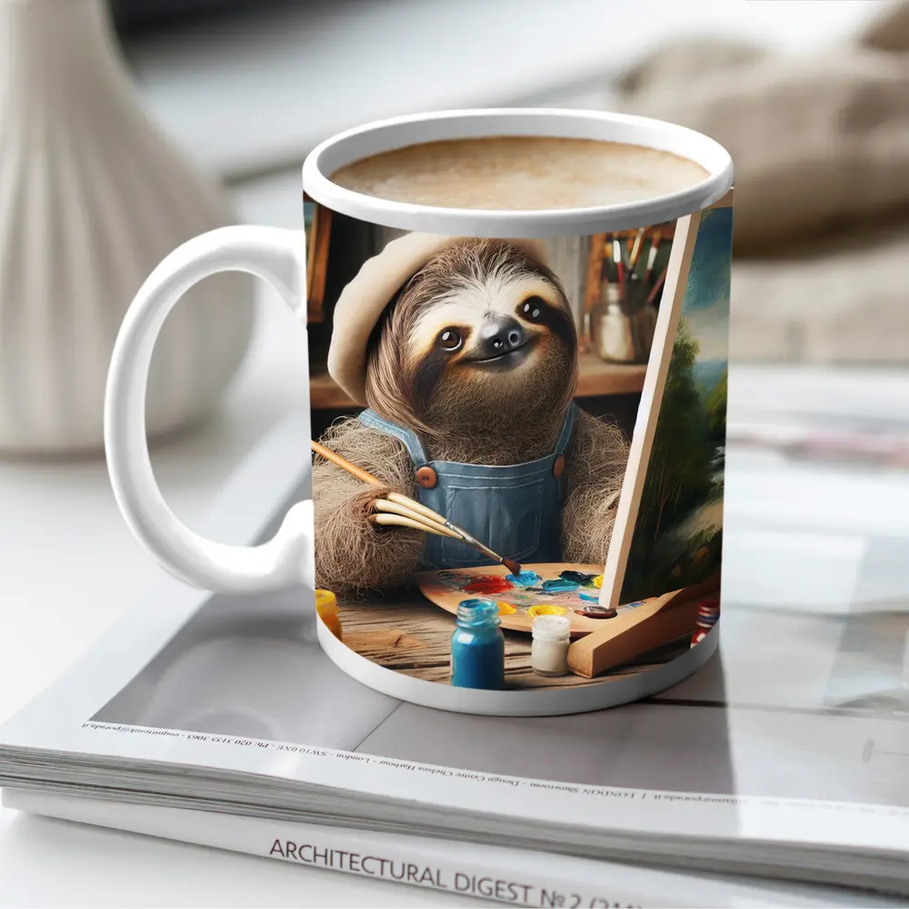 Sloth Artist Painting on Canvas Rustic Studio – Mugs