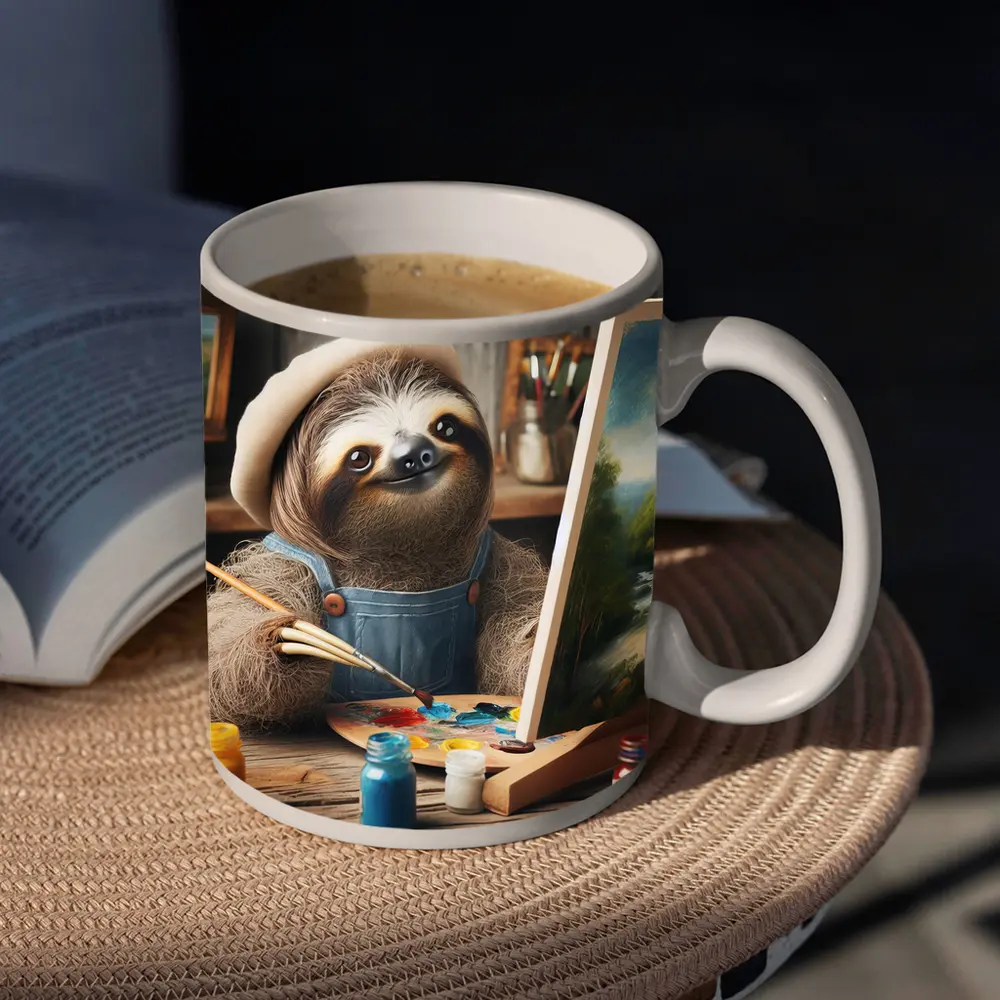 Sloth Artist Painting on Canvas Rustic Studio – Mugs