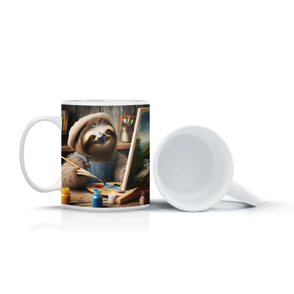 Sloth Artist Painting on Canvas Rustic Studio – Mugs