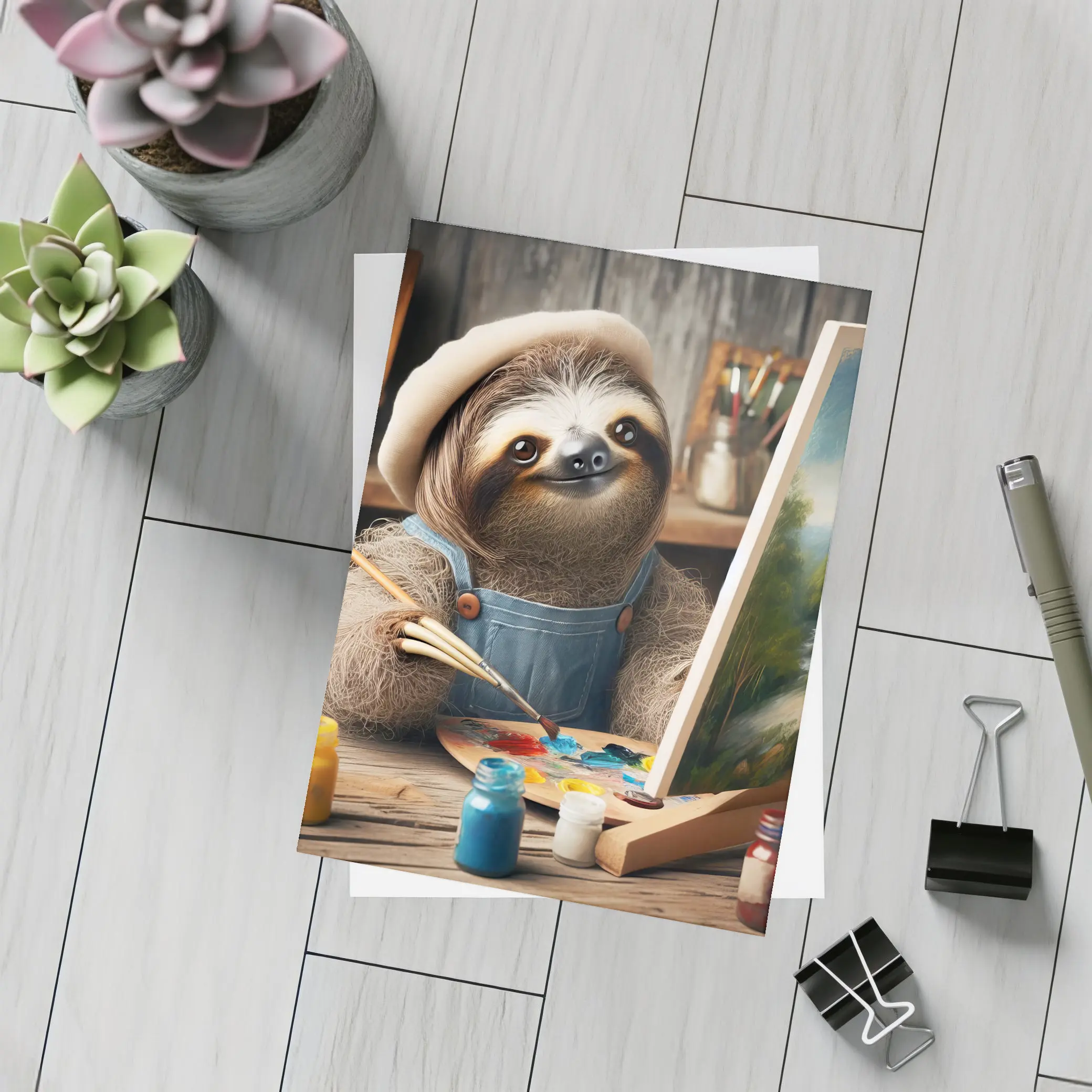 Sloth Artist Painting on Canvas Rustic Studio – Postcards