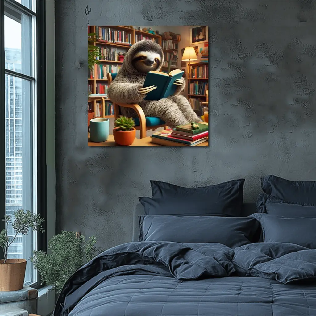 Sloth Reading Book in Cozy Library – Wall Art