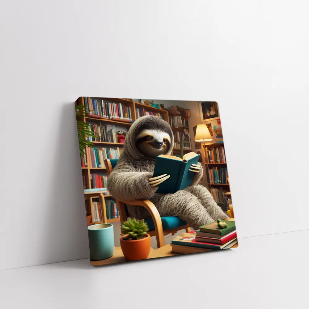 Sloth Reading Book in Cozy Library – Wall Art