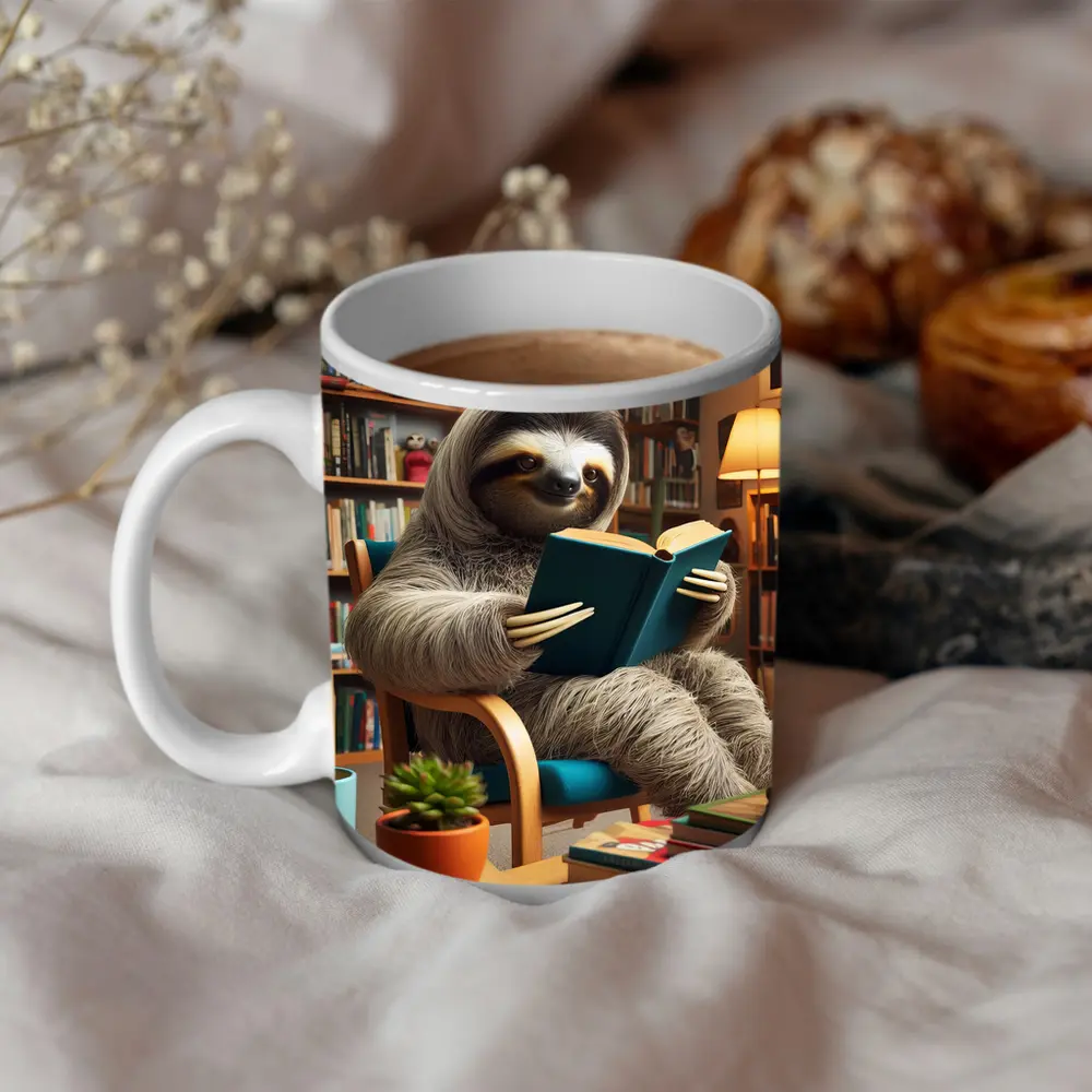 Sloth Reading Book in Cozy Library – Mugs