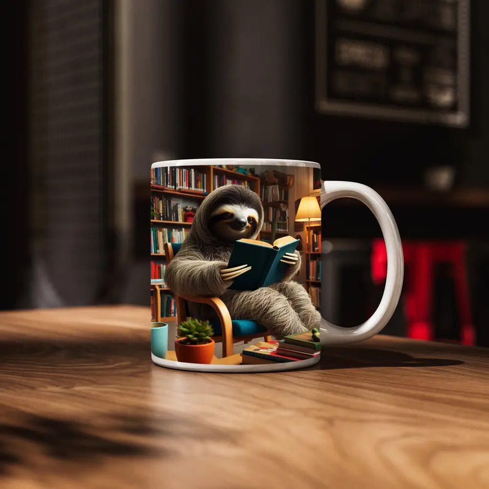 Sloth Reading Book in Cozy Library – Mugs