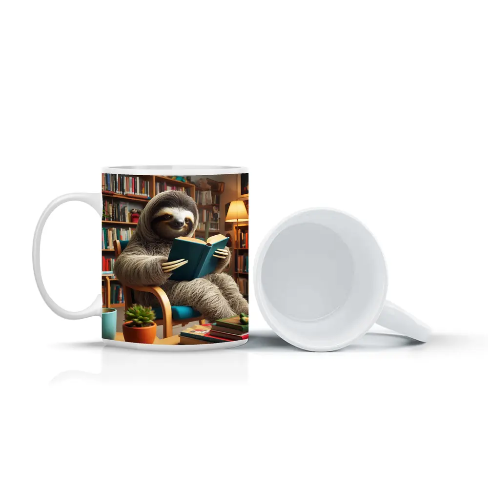 Sloth Reading Book in Cozy Library – Mugs