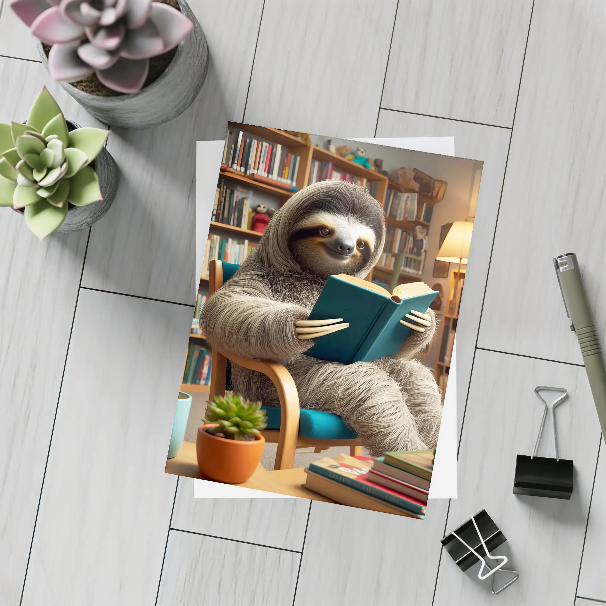 Sloth Reading Book in Cozy Library – Postcards