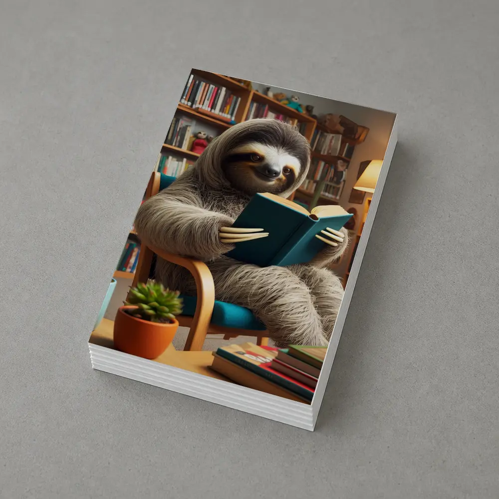 Sloth Reading Book in Cozy Library – Postcards