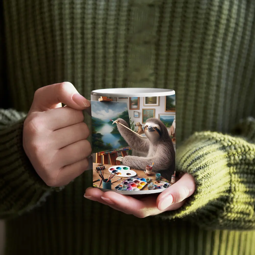 Sloth Artist Painting on Easel Studio – Mugs
