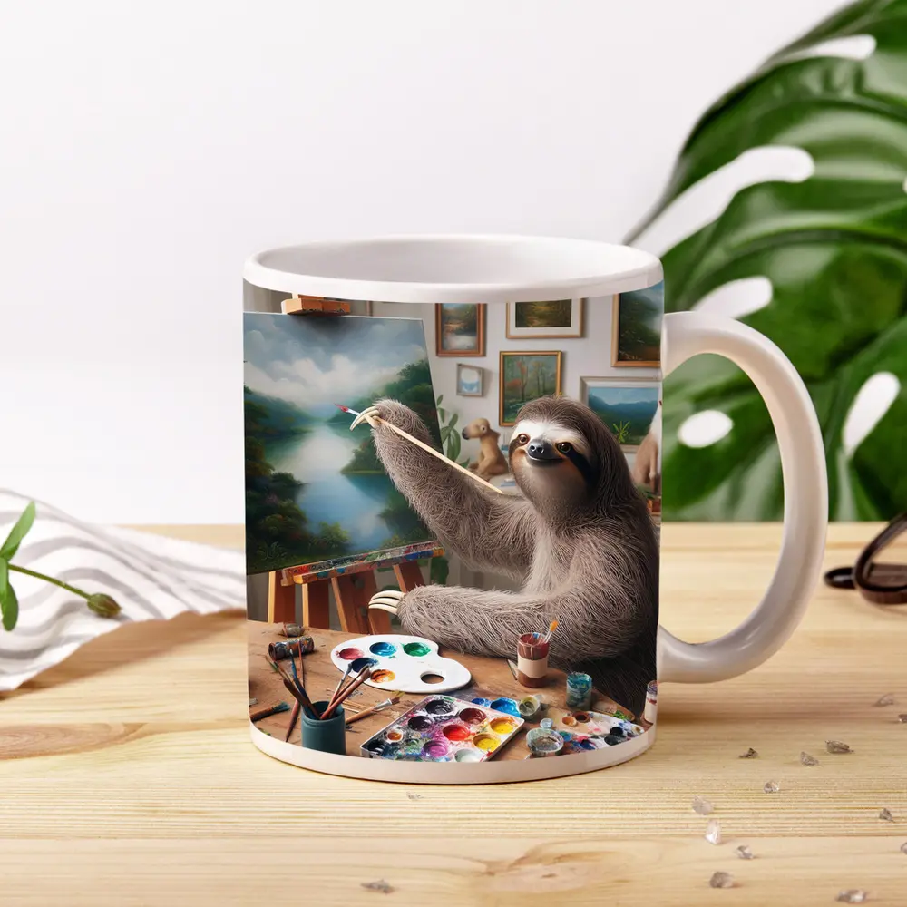 Sloth Artist Painting on Easel Studio – Mugs