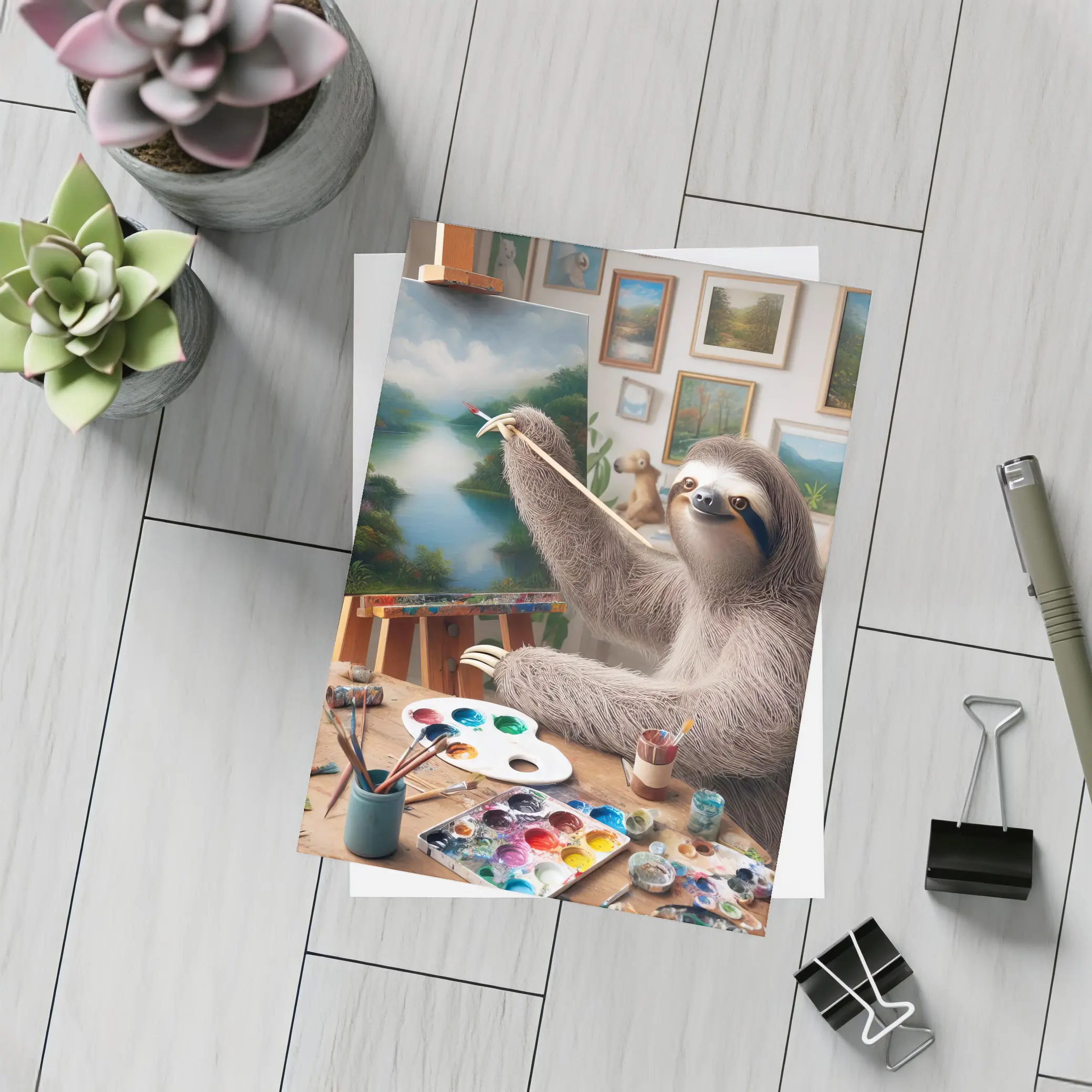 Sloth Artist Painting on Easel Studio – Postcards