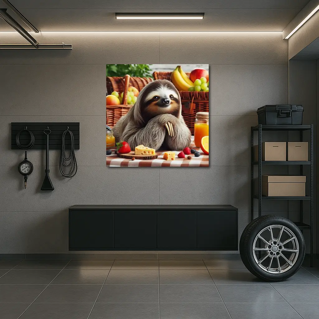 Sloth at Picnic with Cheese and Fruits – Wall Art