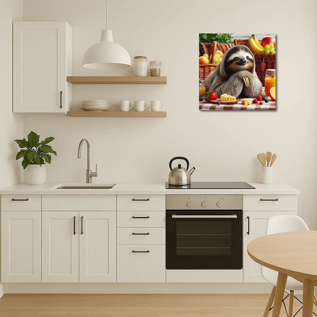 Sloth at Picnic with Cheese and Fruits – Wall Art