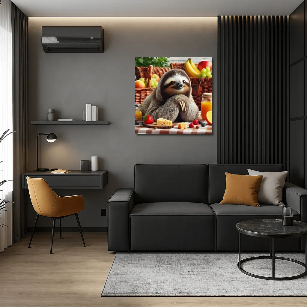 Sloth at Picnic with Cheese and Fruits – Wall Art