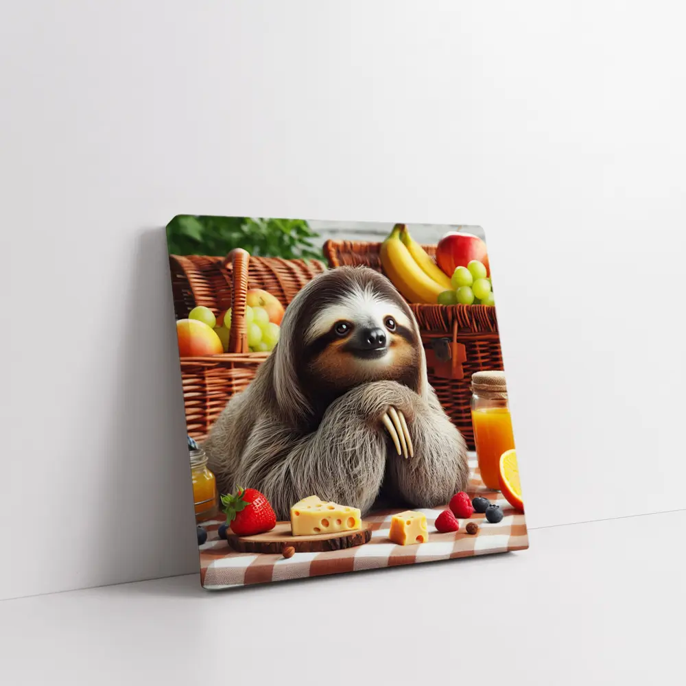 Sloth at Picnic with Cheese and Fruits – Wall Art