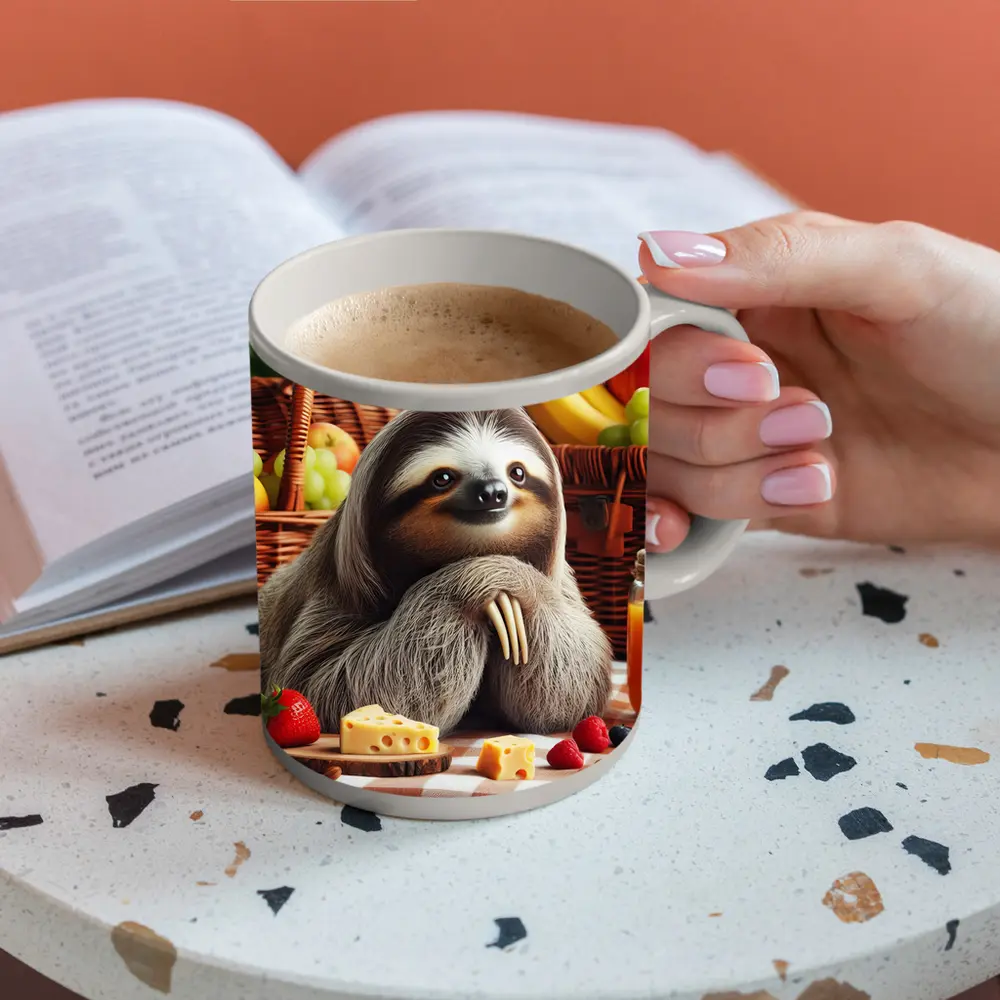 Sloth at Picnic with Cheese and Fruits – Mugs