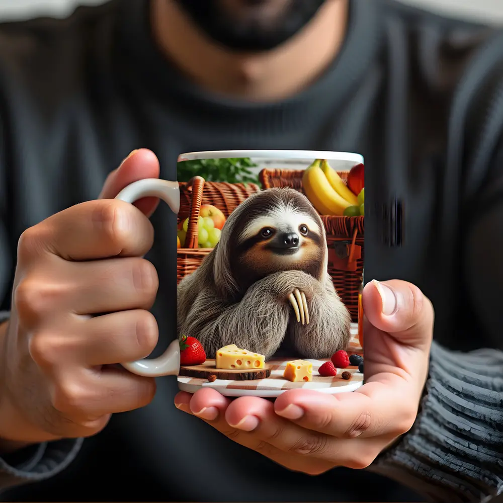 Sloth at Picnic with Cheese and Fruits – Mugs