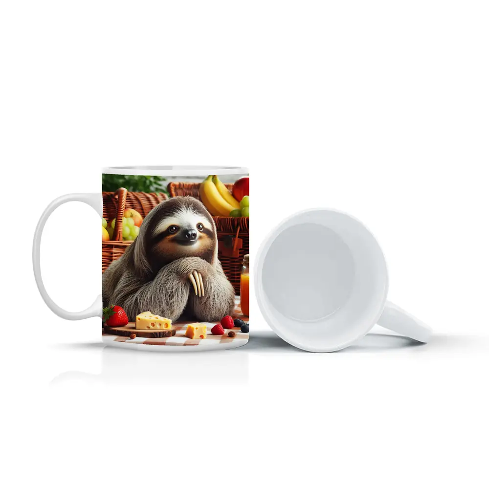 Sloth at Picnic with Cheese and Fruits – Mugs