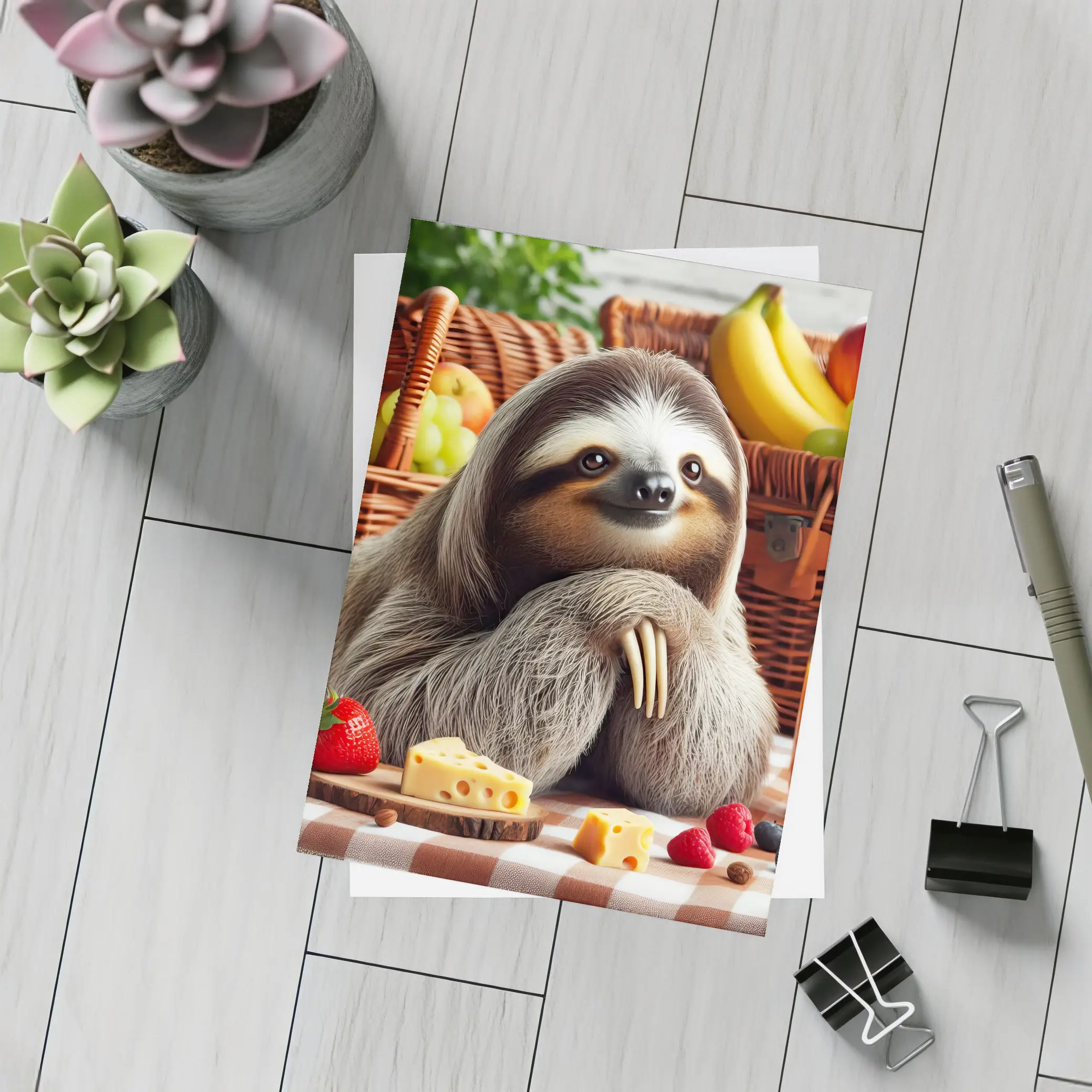 Sloth at Picnic with Cheese and Fruits – Postcards