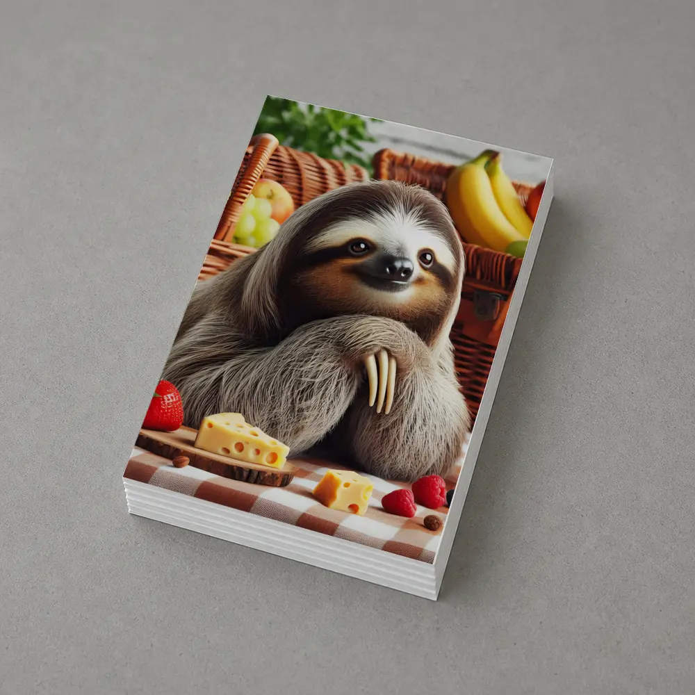 Sloth at Picnic with Cheese and Fruits – Postcards