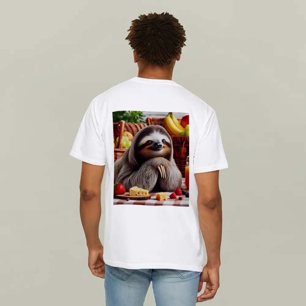 Sloth at Picnic with Cheese and Fruits – T-Shirts