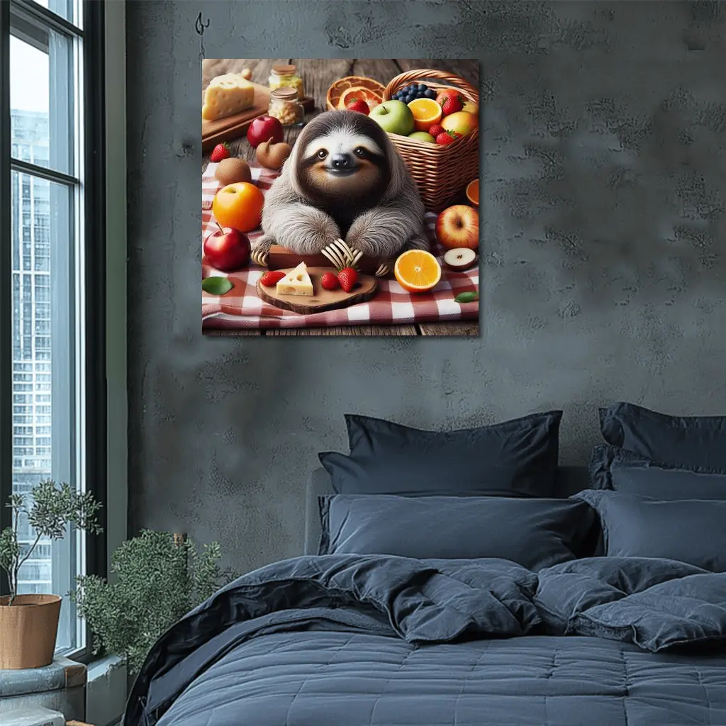 Cute Sloth Picnic Fruits Cheese Basket – Wall Art