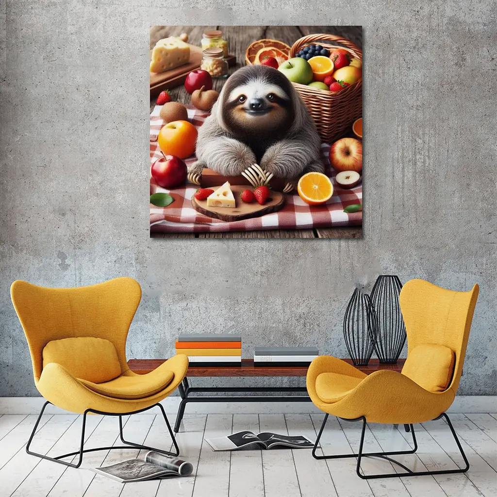 Cute Sloth Picnic Fruits Cheese Basket – Wall Art