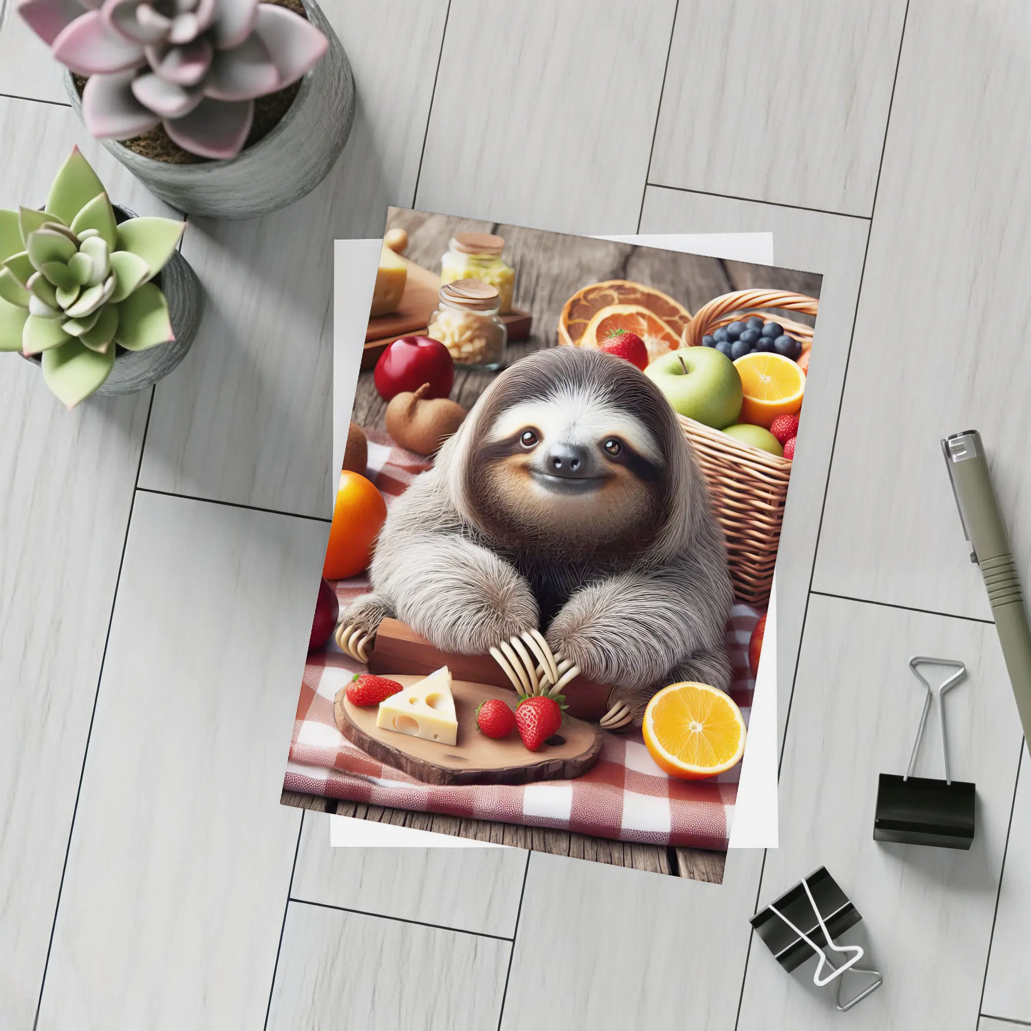 Cute Sloth Picnic Fruits Cheese Basket – Postcards