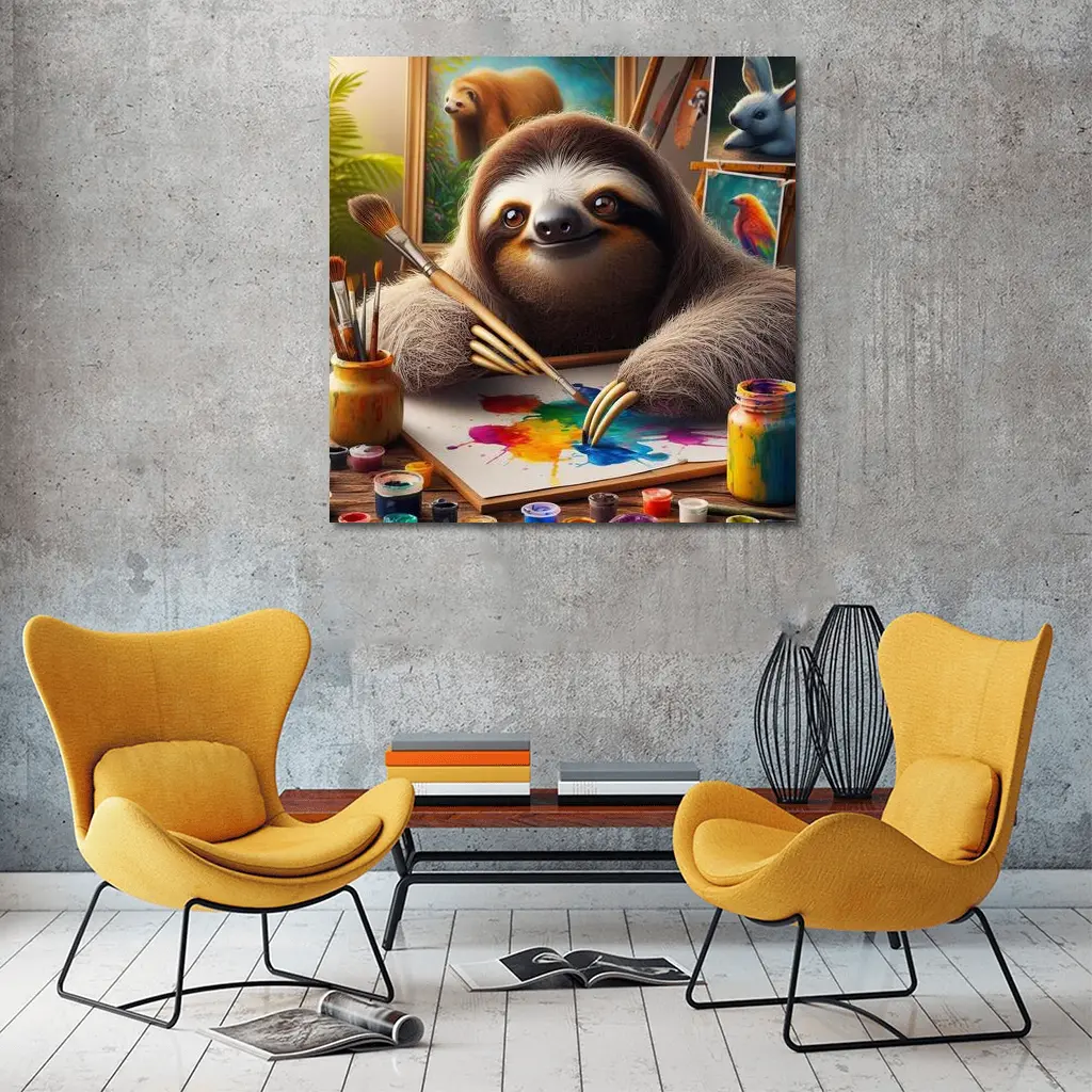 Sloth Artist Painting Colorful Canvas Art Studio – Wall Art