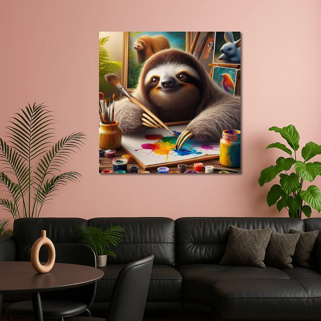 Sloth Artist Painting Colorful Canvas Art Studio – Wall Art