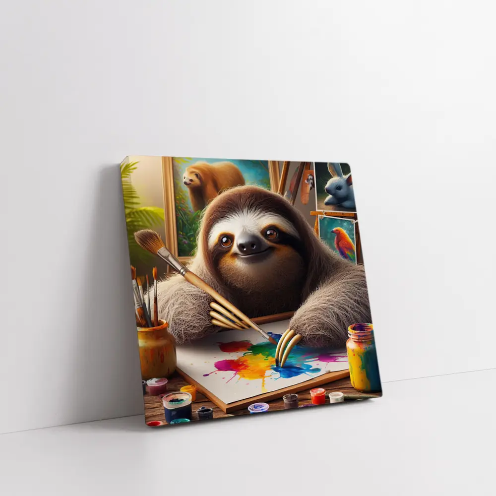 Sloth Artist Painting Colorful Canvas Art Studio – Wall Art