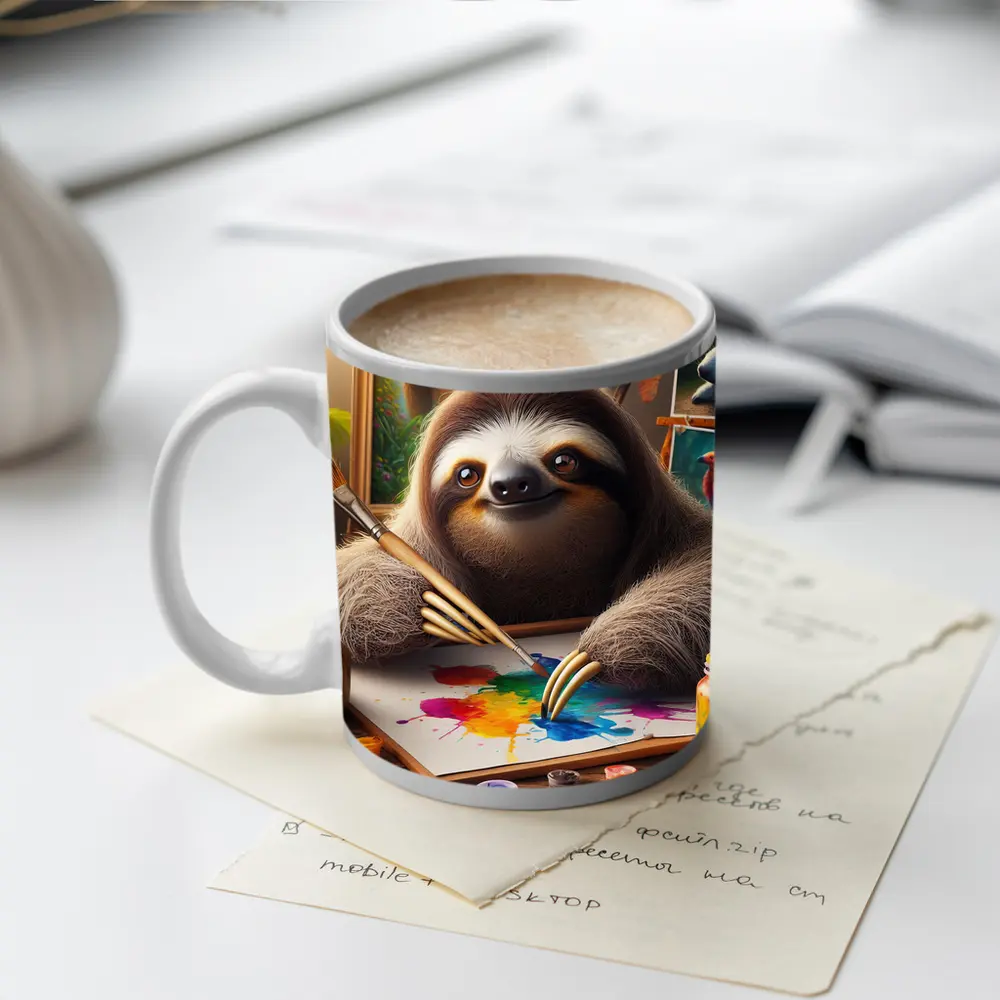 Sloth Artist Painting Colorful Canvas Art Studio – Mugs