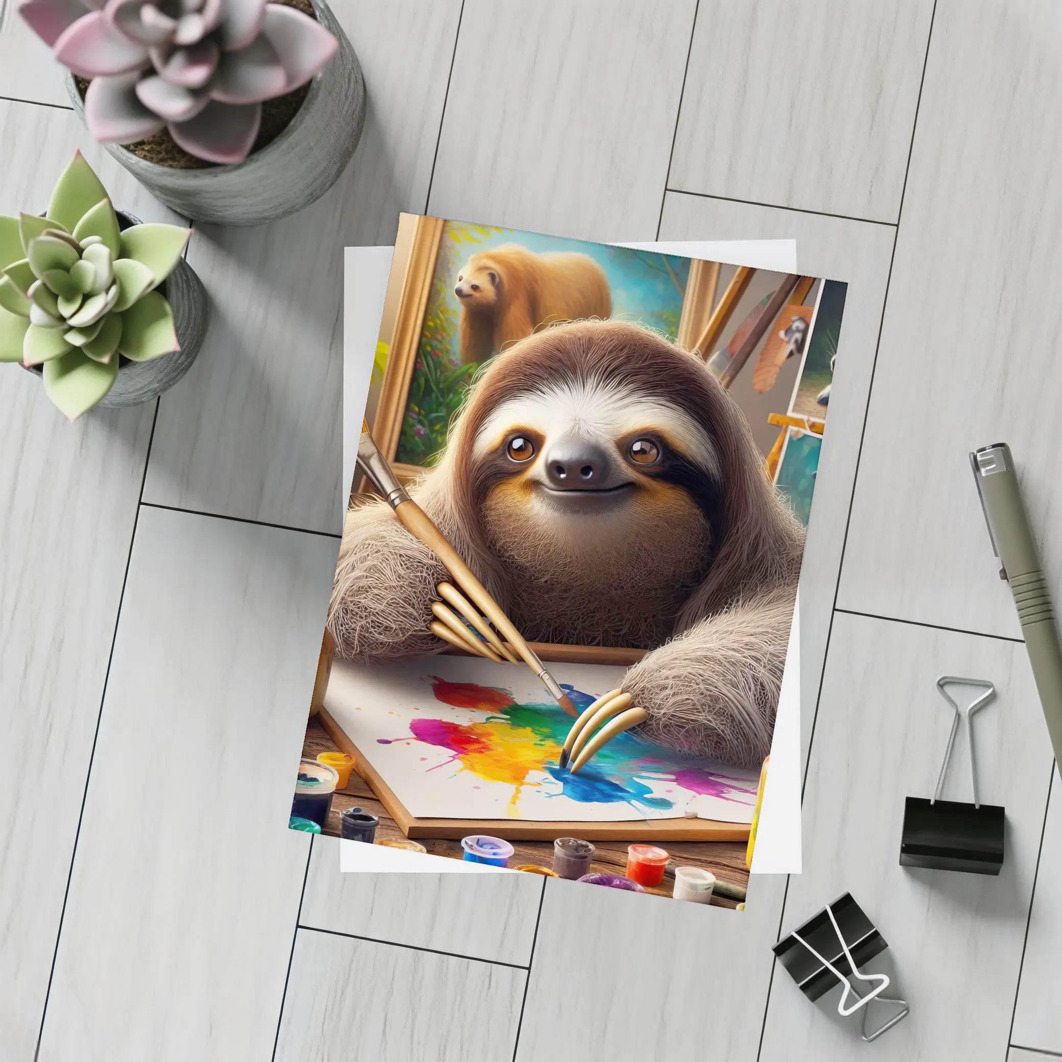 Sloth Artist Painting Colorful Canvas Art Studio – Postcards