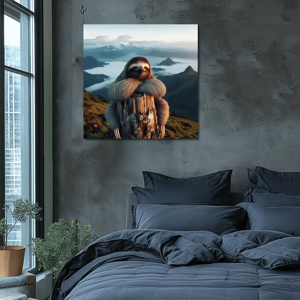 Sloth Hugging Tree Stump Mountain Landscape – Wall Art