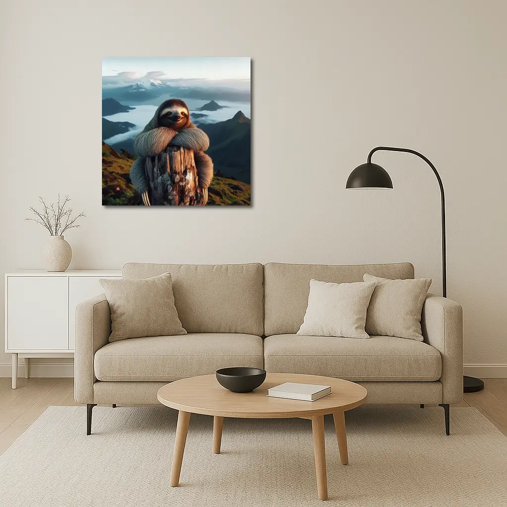 Sloth Hugging Tree Stump Mountain Landscape – Wall Art