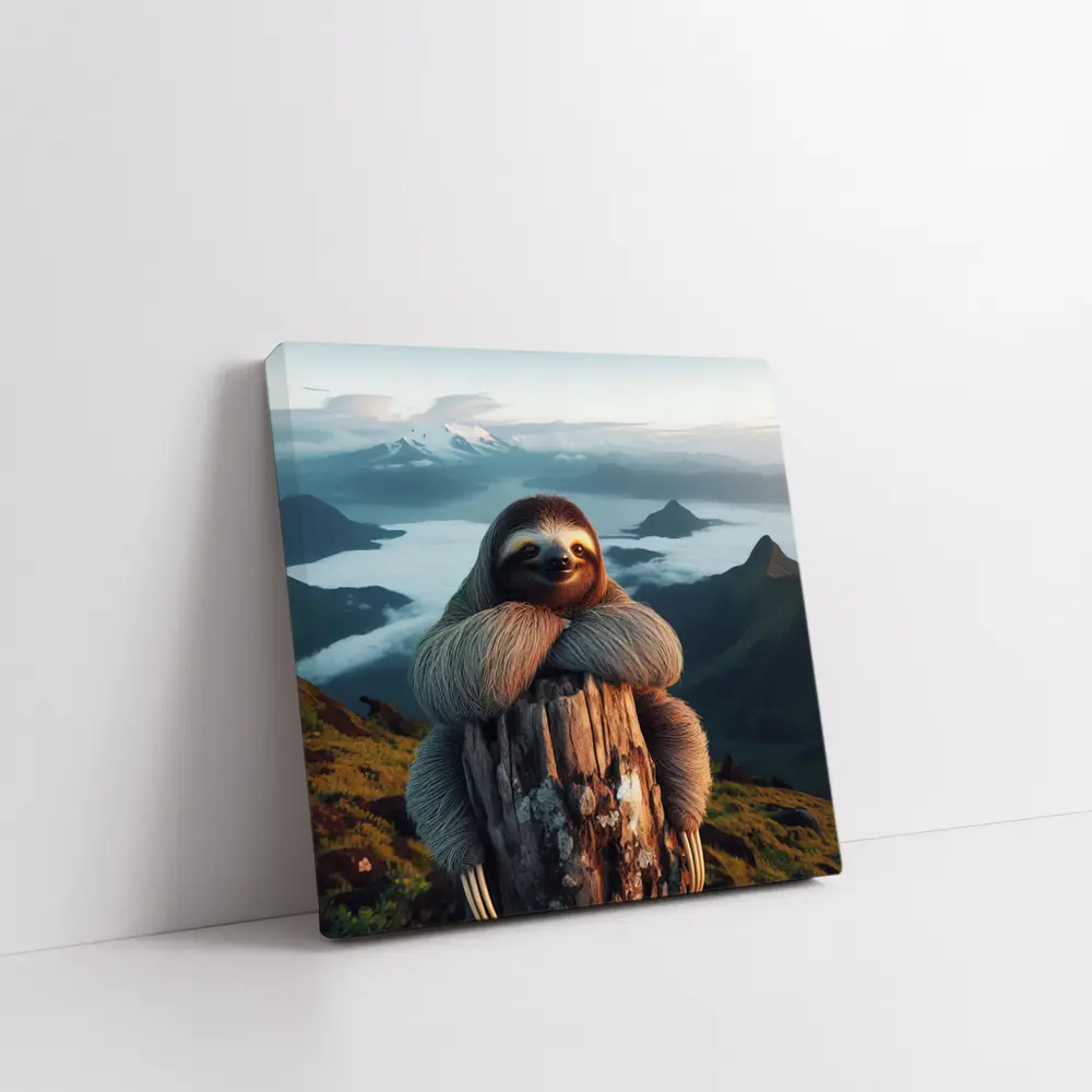 Sloth Hugging Tree Stump Mountain Landscape – Wall Art