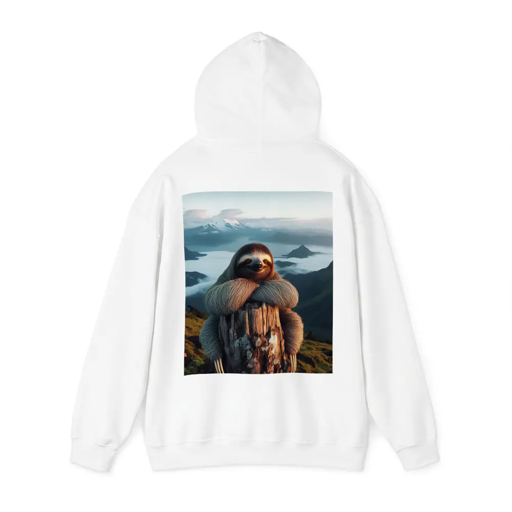 Sloth Hugging Tree Stump Mountain Landscape – Hoodies