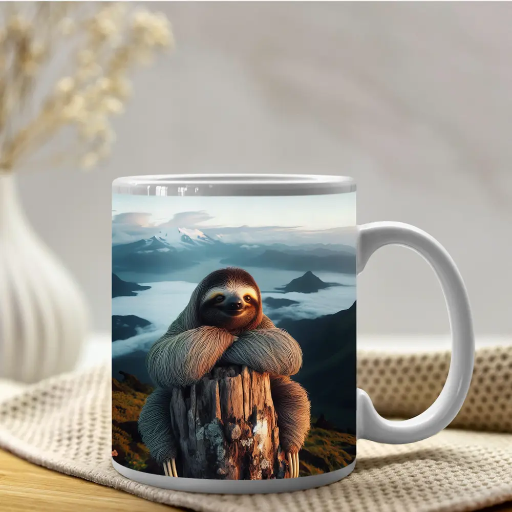 Sloth Hugging Tree Stump Mountain Landscape – Mugs