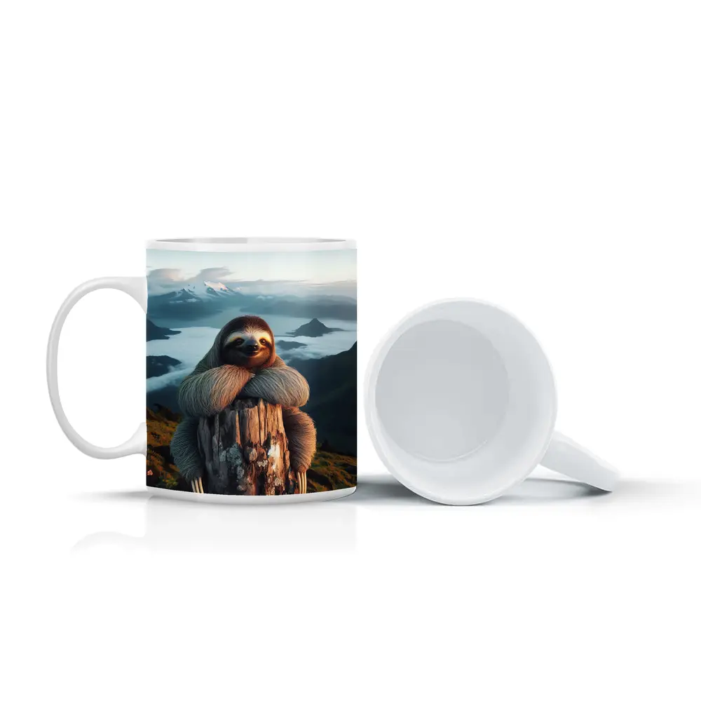 Sloth Hugging Tree Stump Mountain Landscape – Mugs