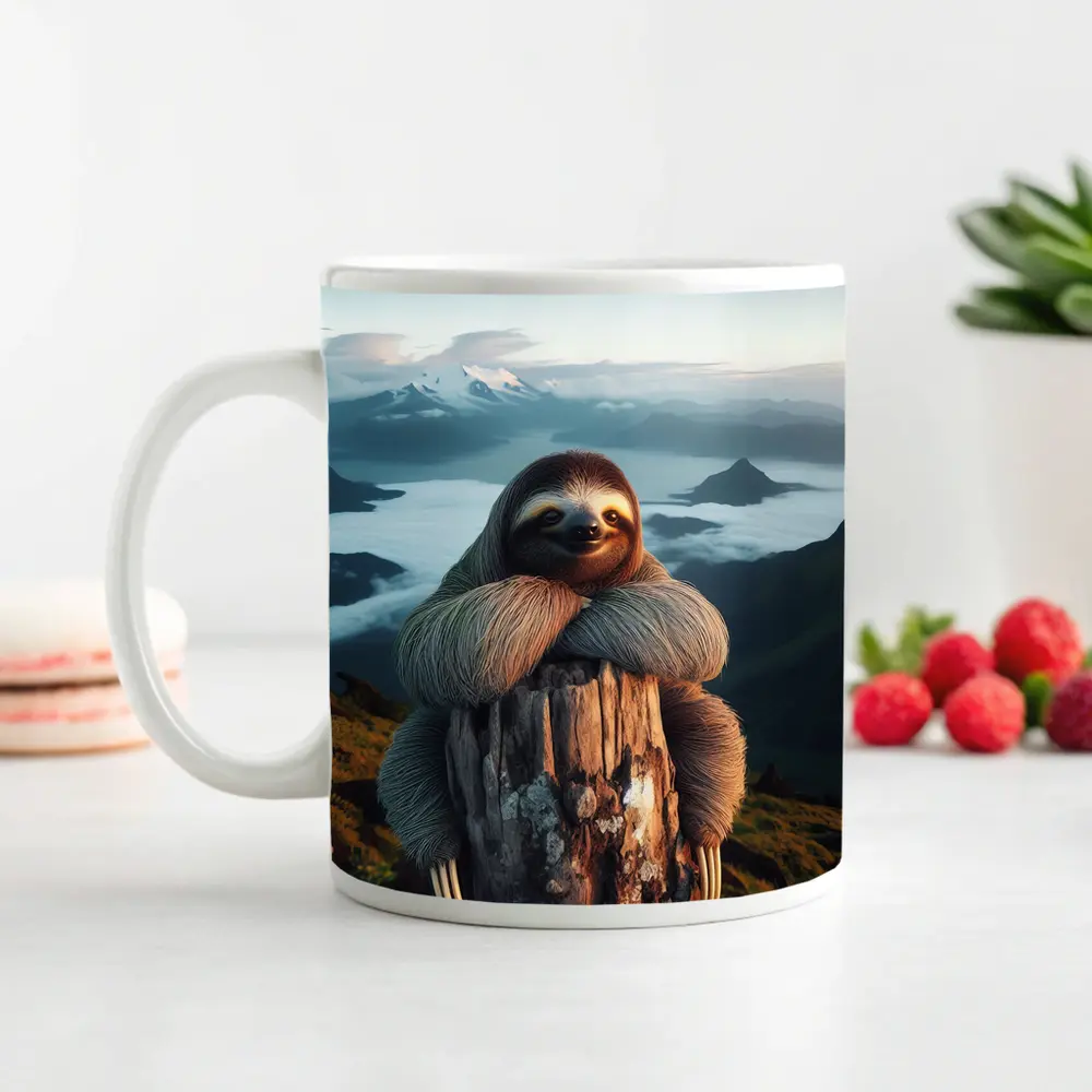 Sloth Hugging Tree Stump Mountain Landscape – Mugs
