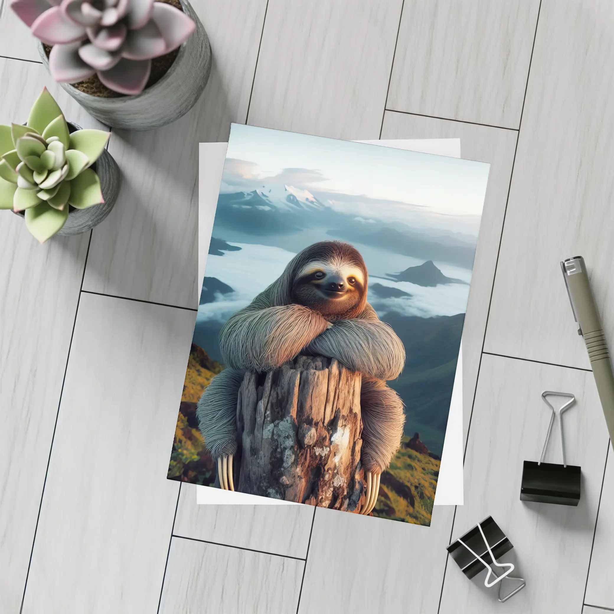 Sloth Hugging Tree Stump Mountain Landscape – Postcards