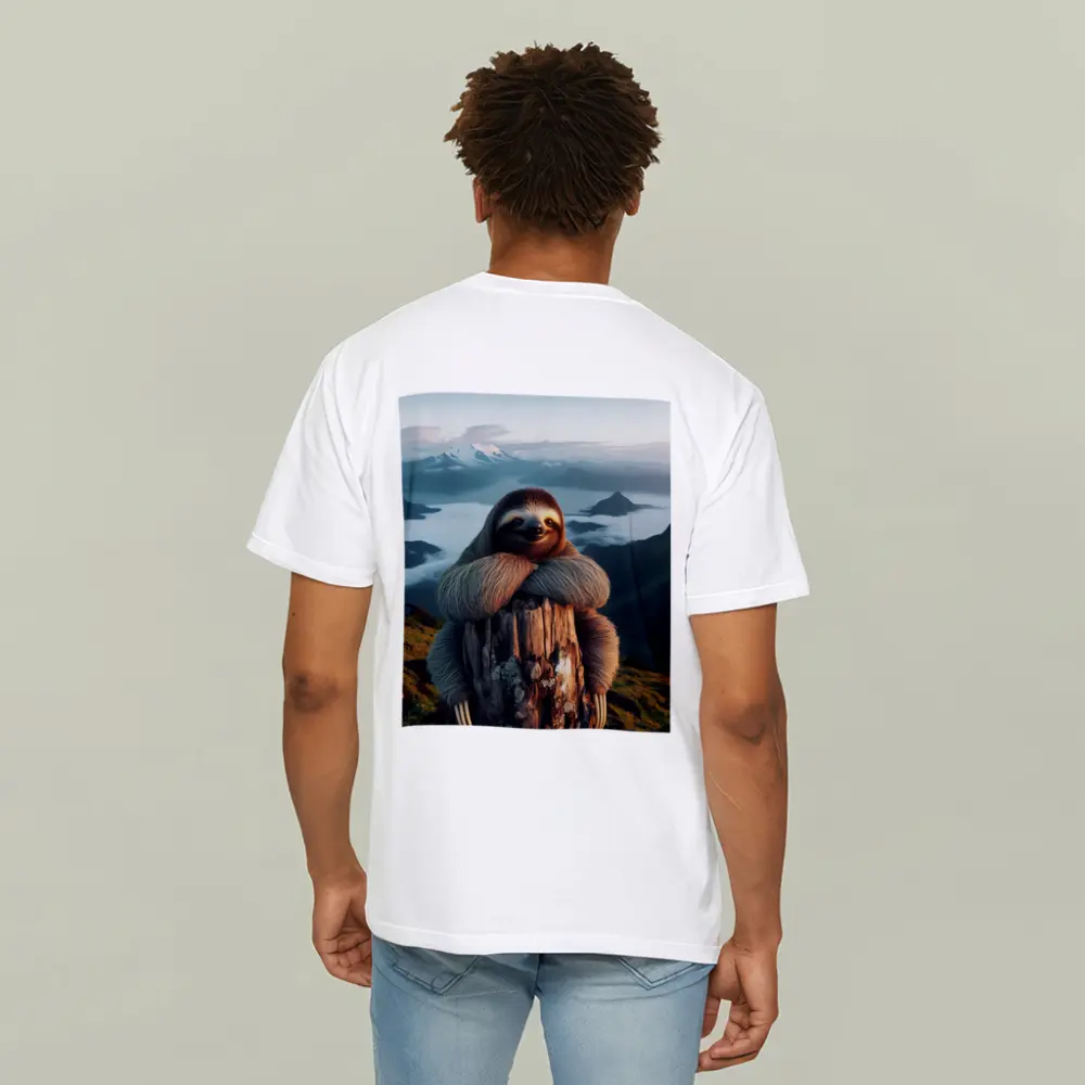 Sloth Hugging Tree Stump Mountain Landscape – T-Shirts