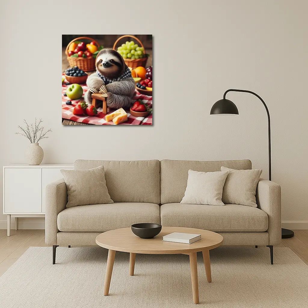Sloth Sitting at Fruit Picnic Spread – Wall Art
