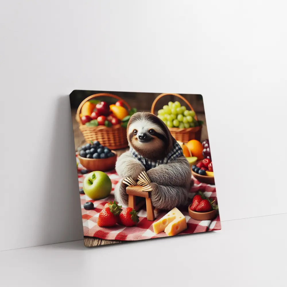 Sloth Sitting at Fruit Picnic Spread – Wall Art